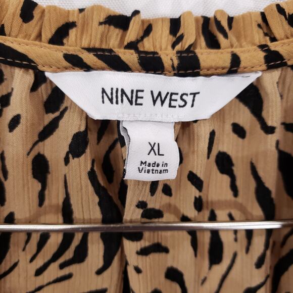 Nine West Blouse Womens Extra Large Tan Black Geometric Ruffle Neck Front Tie - Picture 9 of 10